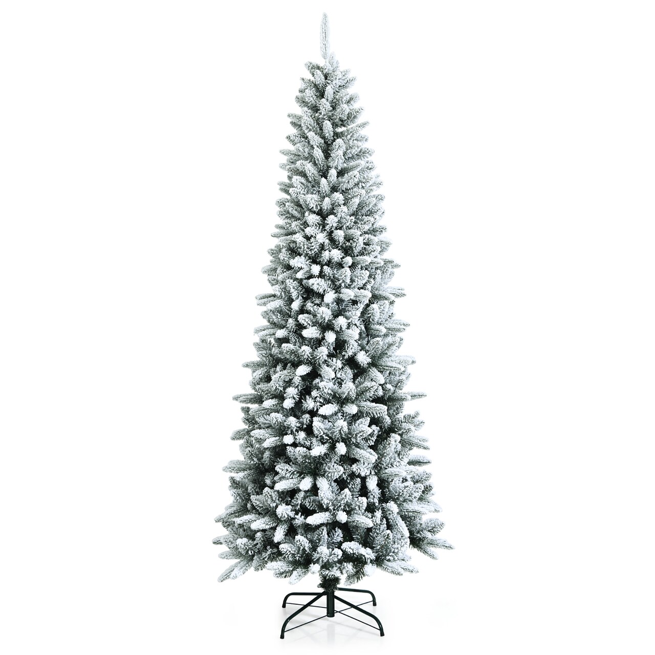 Costway 7.5ft Snow-Flocked Hinged Artificial Christmas Pencil Tree w/ 1189 Mixed Tips